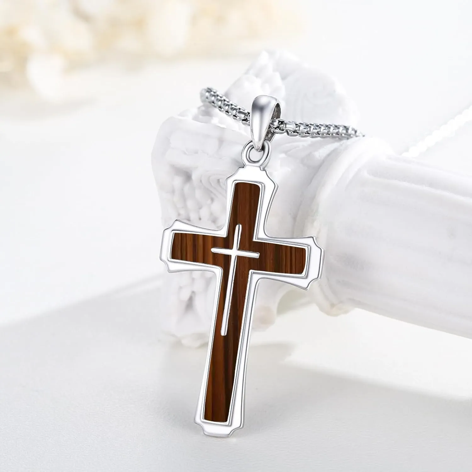 Cross Necklace for Men 925 Sterling Silver Abalone Shell/Opal/Malachite/Turquoise/Lapis Lazuli/Red Coral/Black Tourmaline/Celtic Cross Pendant Religious Jewelry Gift for Father Husband Son