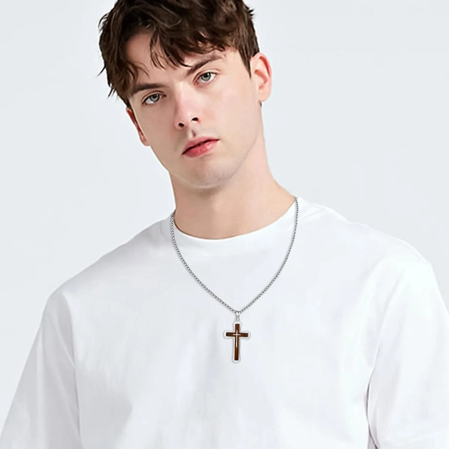 Cross Necklace for Men 925 Sterling Silver Abalone Shell/Opal/Malachite/Turquoise/Lapis Lazuli/Red Coral/Black Tourmaline/Celtic Cross Pendant Religious Jewelry Gift for Father Husband Son