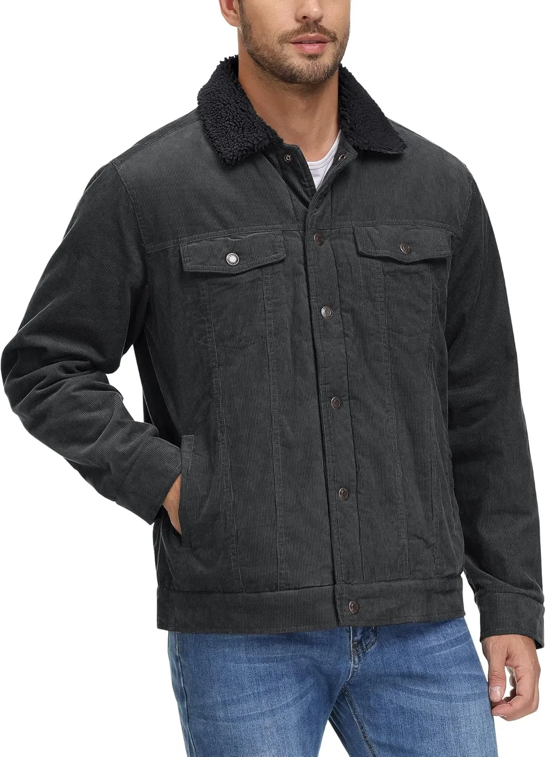 CRYSULLY Men's Corduroy Jacket Cotton Sherpa Lined Jacket Turn-Down Collar Jackets with 5 Pockets