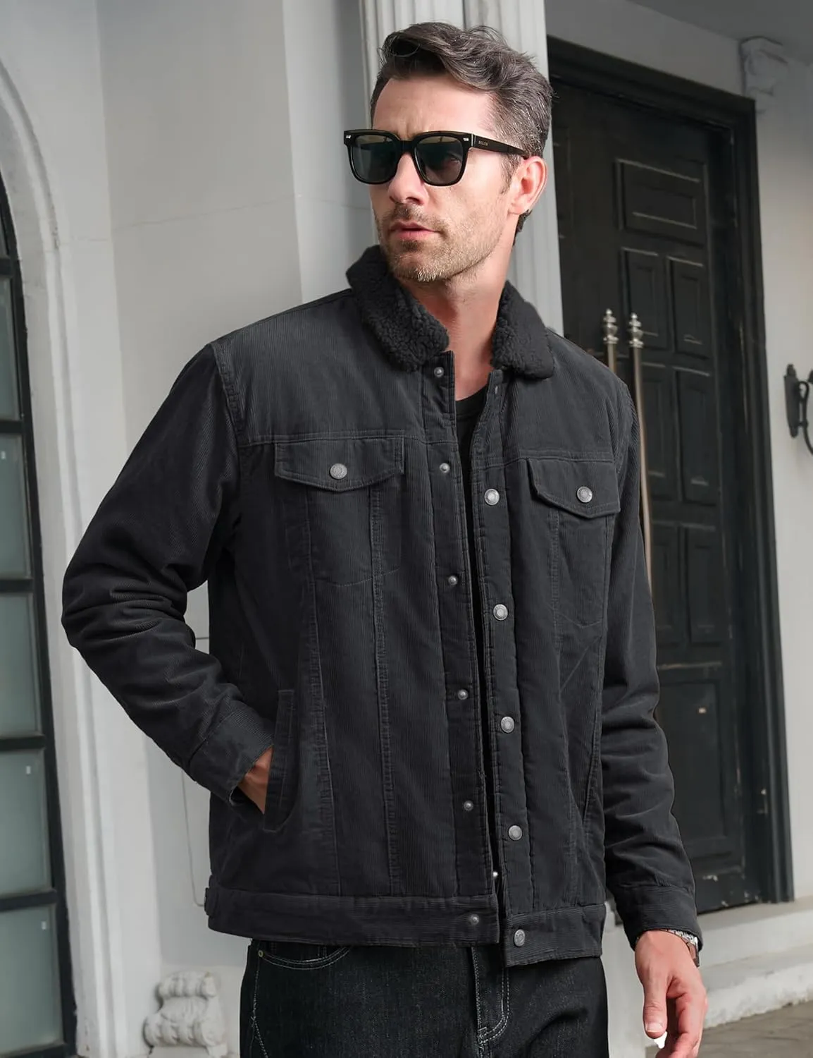 CRYSULLY Men's Corduroy Jacket Cotton Sherpa Lined Jacket Turn-Down Collar Jackets with 5 Pockets