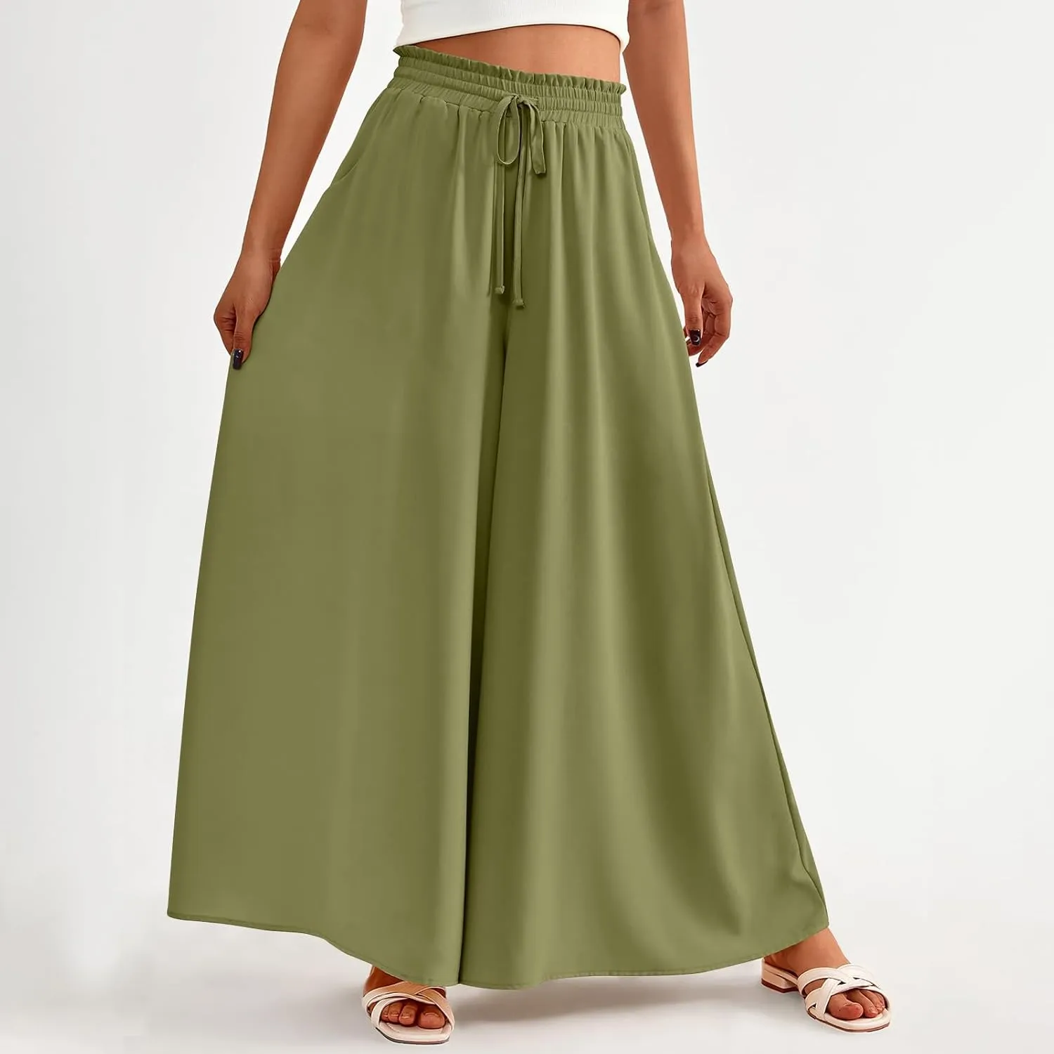 Culottes for Women Casual High Waist Wide Leg Pants Summer Floral Palazzo Pants Lounge Beach Trousers with Pocket