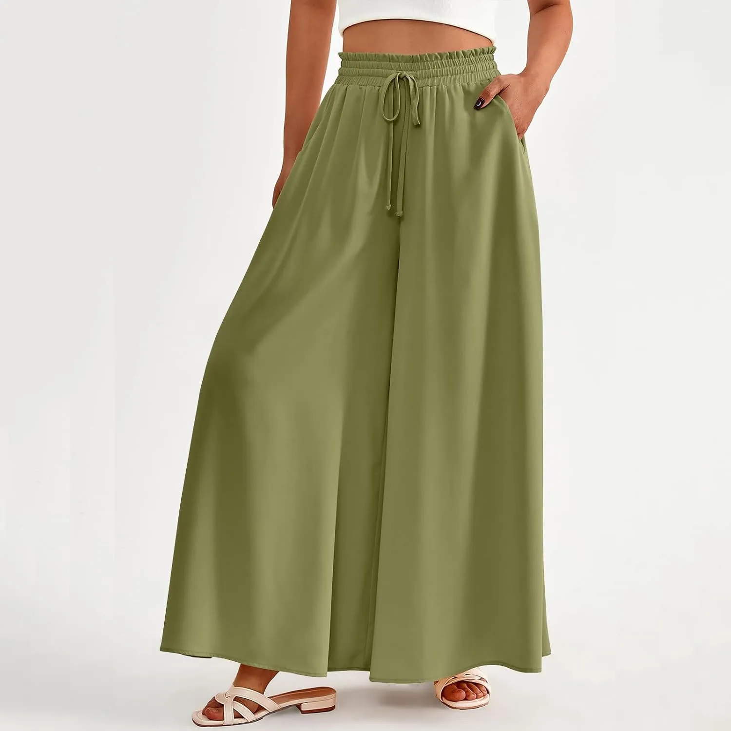 Culottes for Women Casual High Waist Wide Leg Pants Summer Floral Palazzo Pants Lounge Beach Trousers with Pocket