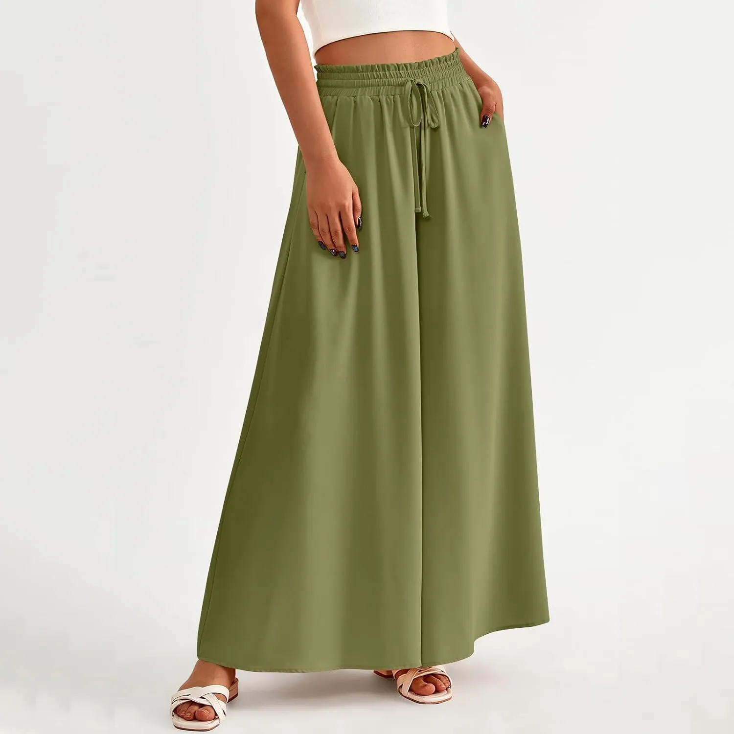 Culottes for Women Casual High Waist Wide Leg Pants Summer Floral Palazzo Pants Lounge Beach Trousers with Pocket
