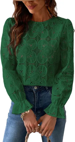 CUPSHE Women Eyelet Long Sleeve Tops Shirts Dressy Hollow Out Crochet Lace Embroidered Blouses 2025 Fashion