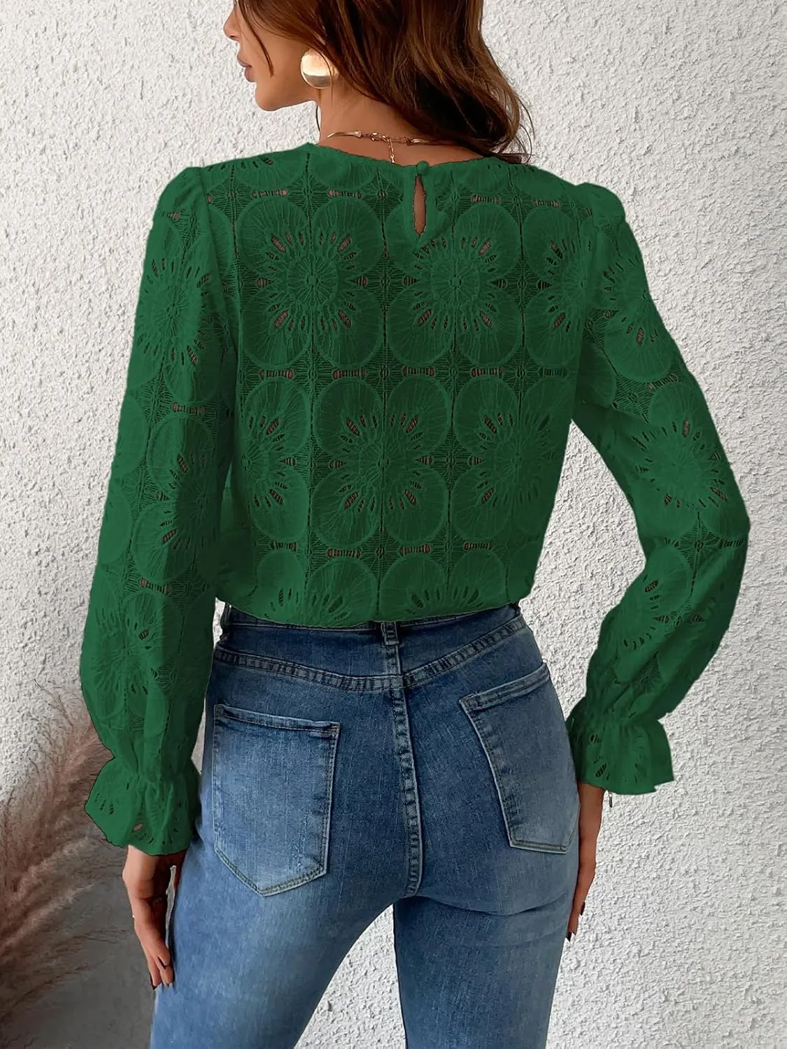 CUPSHE Women Eyelet Long Sleeve Tops Shirts Dressy Hollow Out Crochet Lace Embroidered Blouses 2025 Fashion
