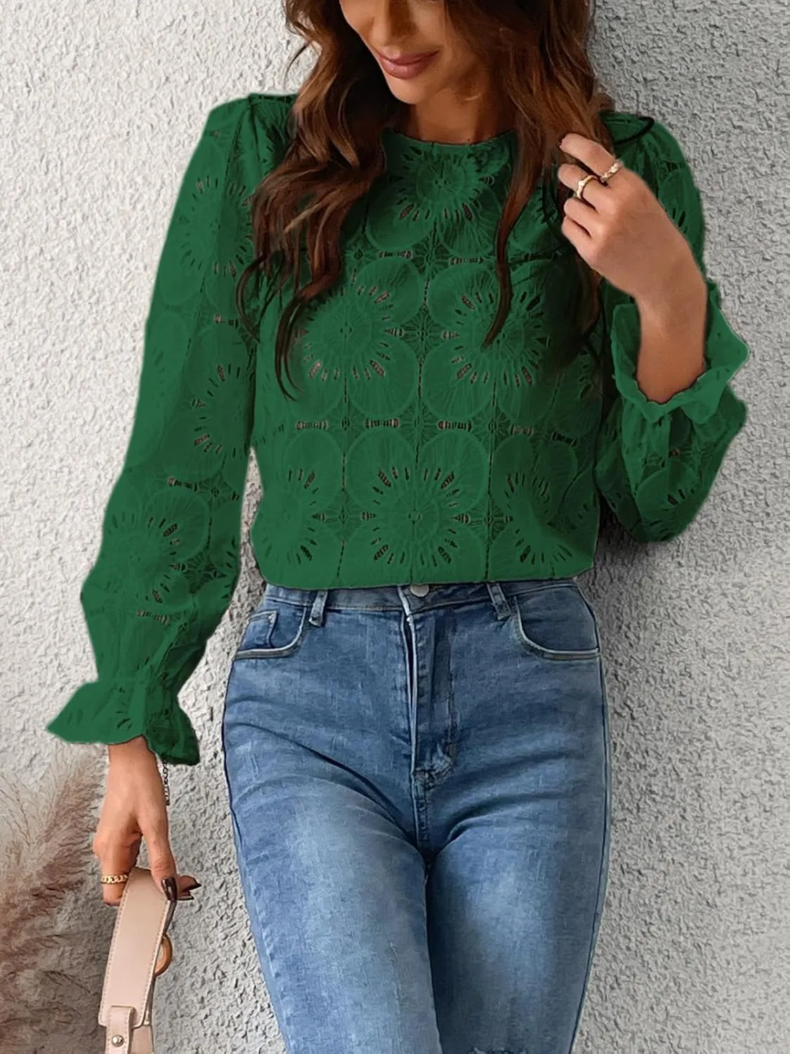 CUPSHE Women Eyelet Long Sleeve Tops Shirts Dressy Hollow Out Crochet Lace Embroidered Blouses 2025 Fashion