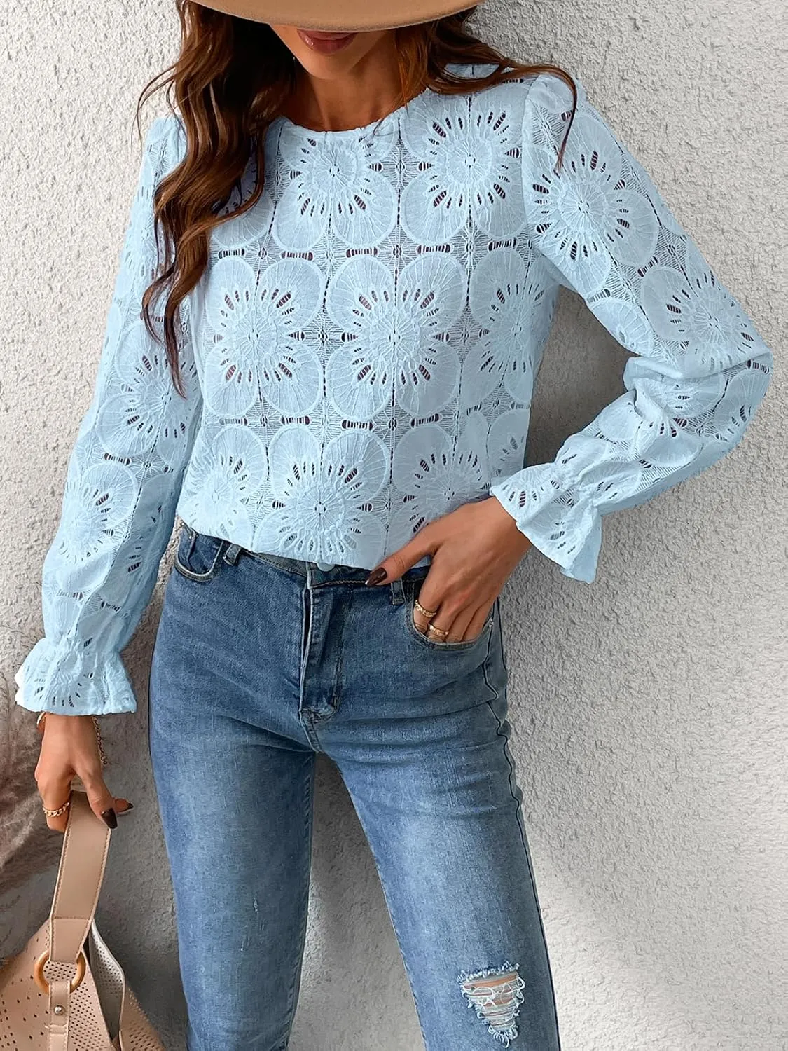 CUPSHE Women Eyelet Long Sleeve Tops Shirts Dressy Hollow Out Crochet Lace Embroidered Blouses 2025 Fashion