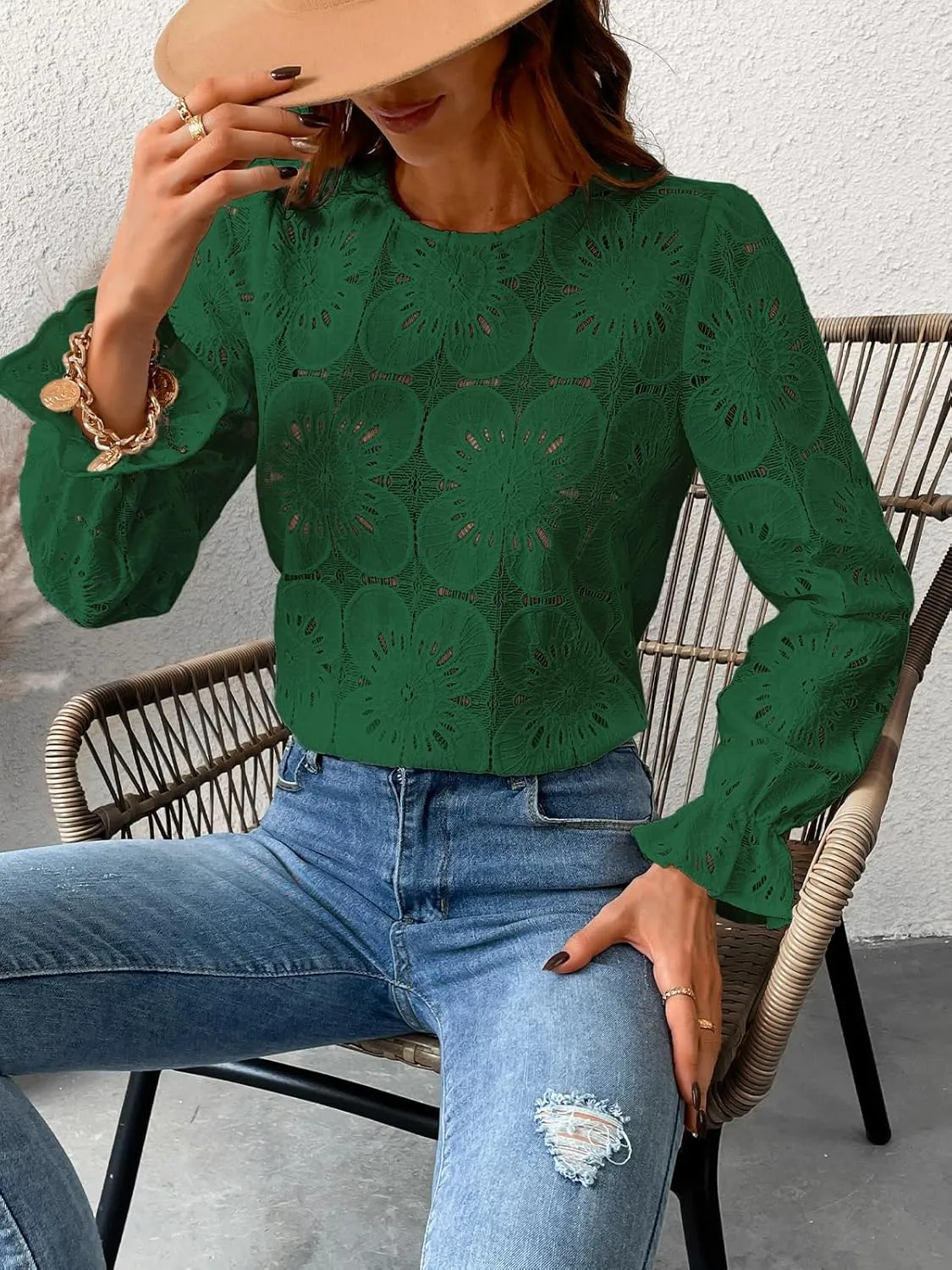 CUPSHE Women Eyelet Long Sleeve Tops Shirts Dressy Hollow Out Crochet Lace Embroidered Blouses 2025 Fashion