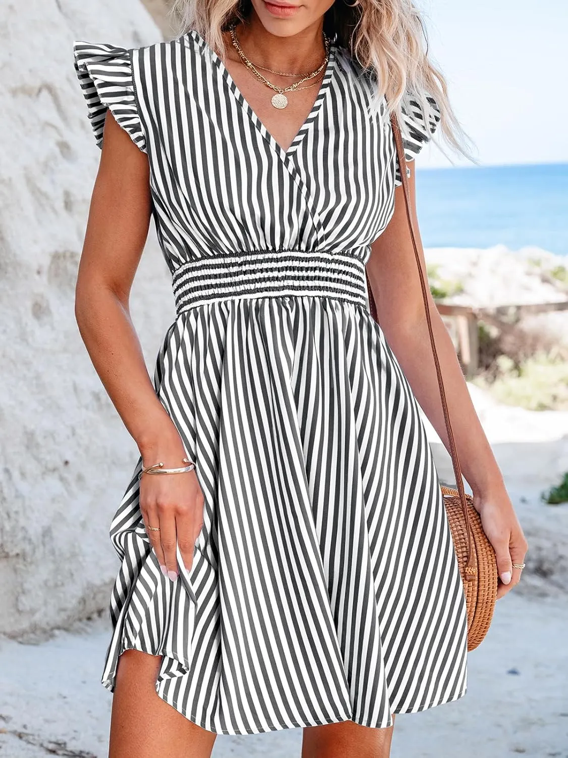 CUPSHE Women's Mini Dress V Neck Flutter Sleeve Striped Smocked Waist A Line Short Summer Cocktail Dress