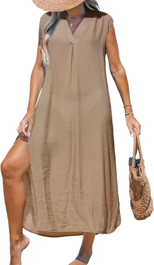 CUPSHE Women's Swimsuit Coverup Casual Sleeveless Side Split Long Cardigans V Neck Midi Beach Dress