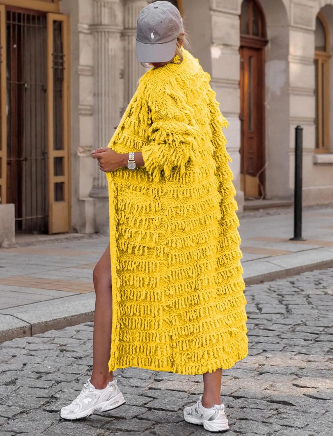 CXINS Womens Crochet Cable Knit Fringe Tassel Maxi Cardigans Open Front Long Sweater Cardigan Outwear