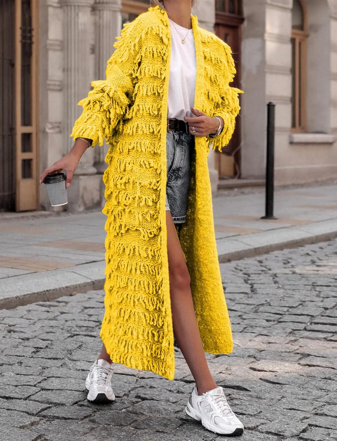 CXINS Womens Crochet Cable Knit Fringe Tassel Maxi Cardigans Open Front Long Sweater Cardigan Outwear
