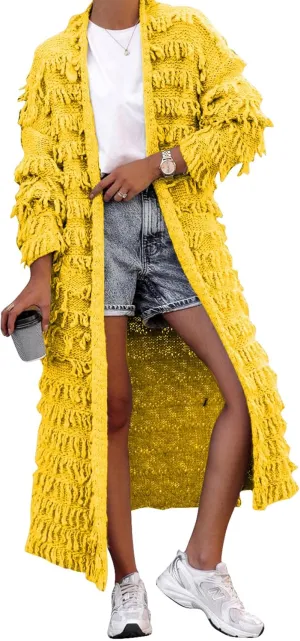 CXINS Womens Crochet Cable Knit Fringe Tassel Maxi Cardigans Open Front Long Sweater Cardigan Outwear