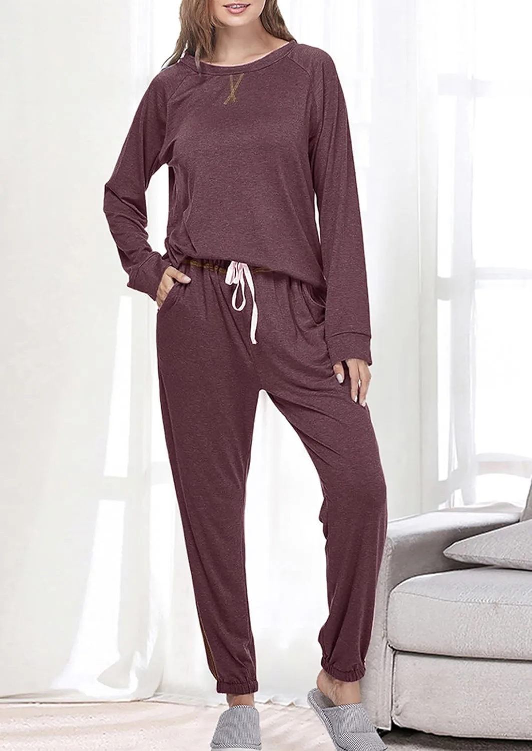 Cysincos Womens Sweatsuits 2 Piece Outfit Sweatpants Loungewear Jogger Pajama Set Long Sleeve Pullover Drawstring Pants