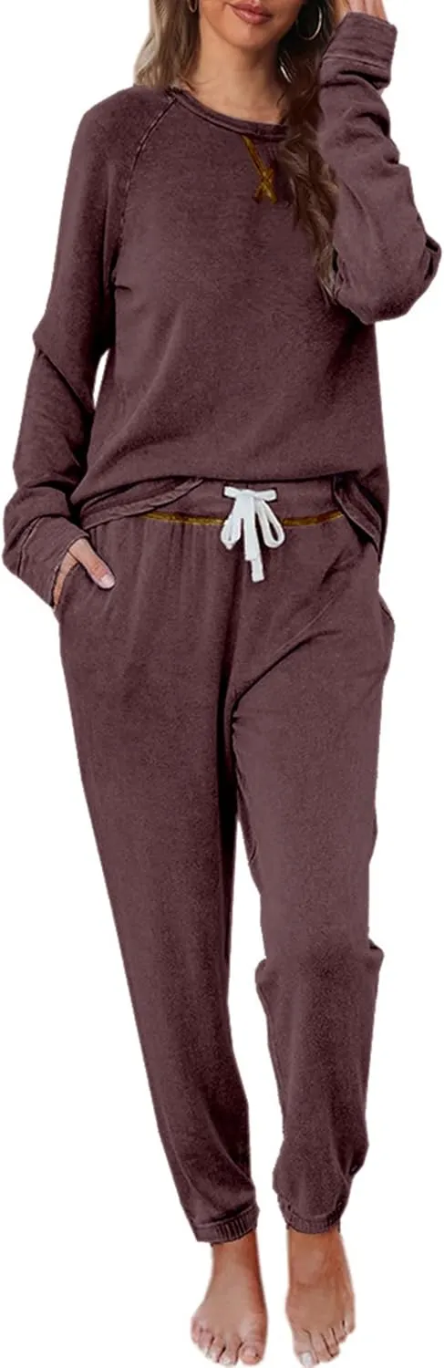 Cysincos Womens Sweatsuits 2 Piece Outfit Sweatpants Loungewear Jogger Pajama Set Long Sleeve Pullover Drawstring Pants