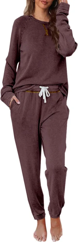 Cysincos Womens Sweatsuits 2 Piece Outfit Sweatpants Loungewear Jogger Pajama Set Long Sleeve Pullover Drawstring Pants