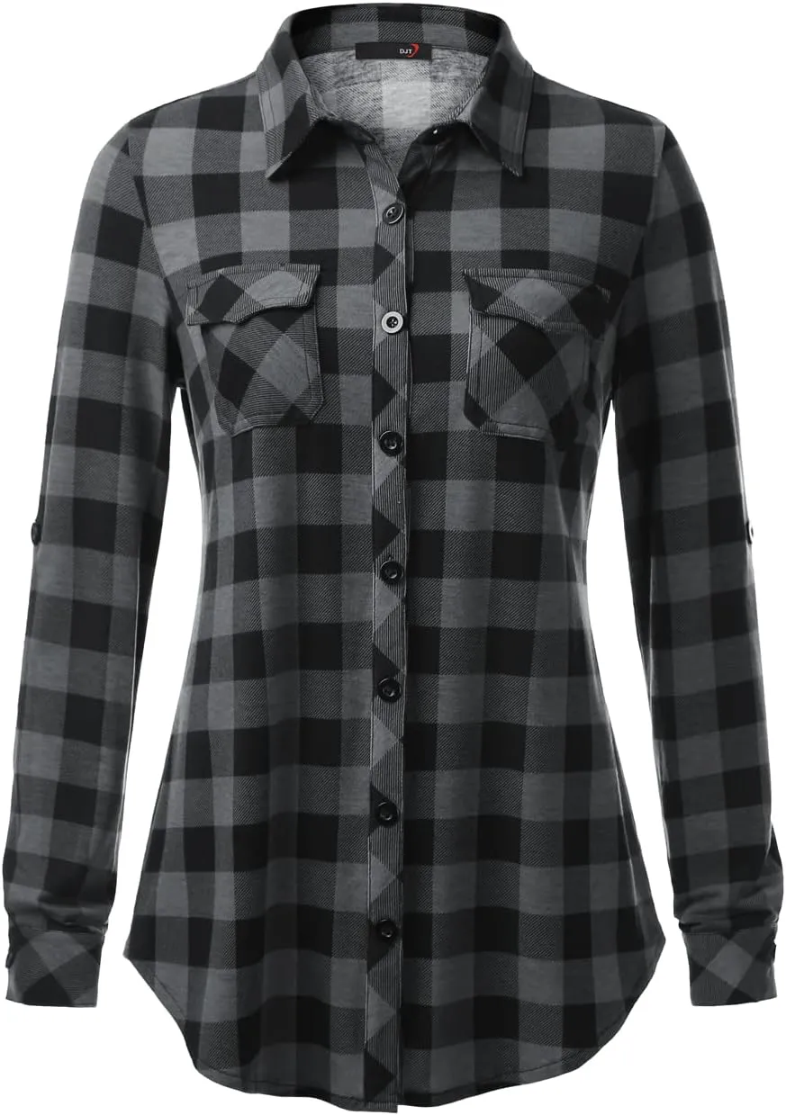 DJT Womens Soft Stretchy Knit Plaid Shirts Roll Up Long Sleeve Collared Button Down Blouses Tops