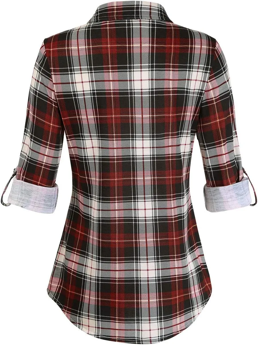 DJT Womens Soft Stretchy Knit Plaid Shirts Roll Up Long Sleeve Collared Button Down Blouses Tops