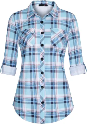 DJT Womens Soft Stretchy Knit Plaid Shirts Roll Up Long Sleeve Collared Button Down Blouses Tops