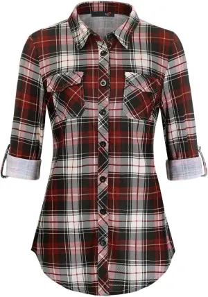 DJT Womens Soft Stretchy Knit Plaid Shirts Roll Up Long Sleeve Collared Button Down Blouses Tops