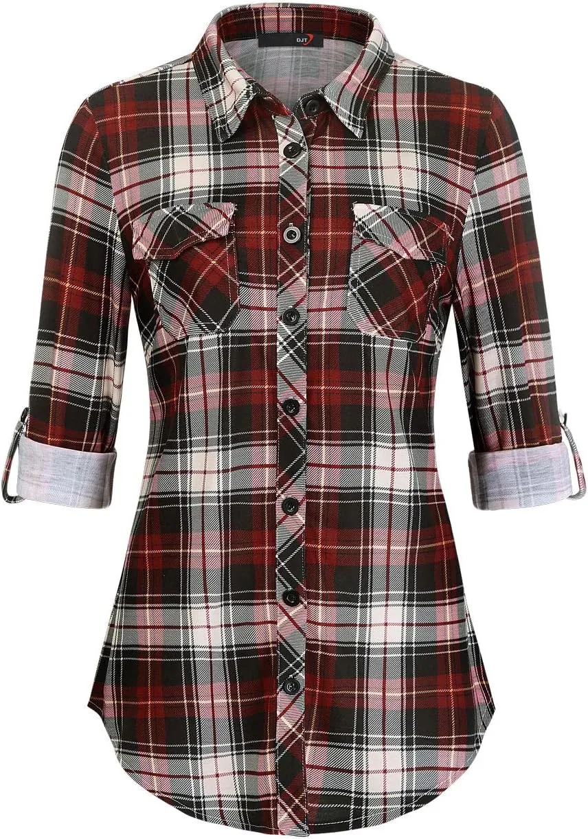 DJT Womens Soft Stretchy Knit Plaid Shirts Roll Up Long Sleeve Collared Button Down Blouses Tops