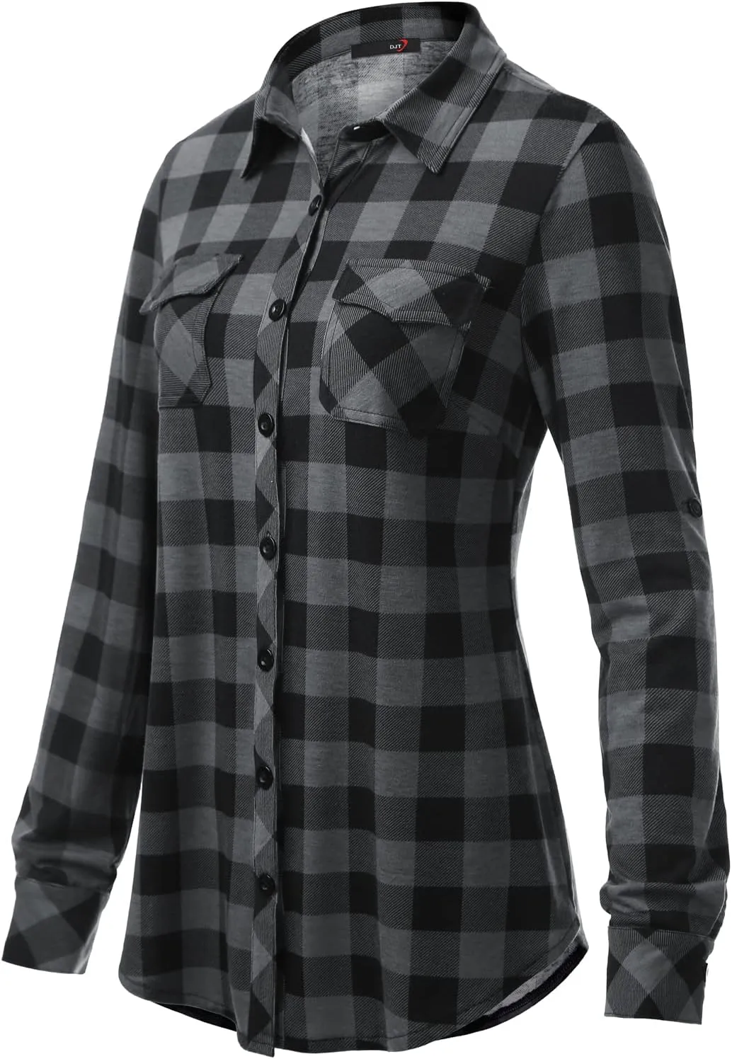 DJT Womens Soft Stretchy Knit Plaid Shirts Roll Up Long Sleeve Collared Button Down Blouses Tops