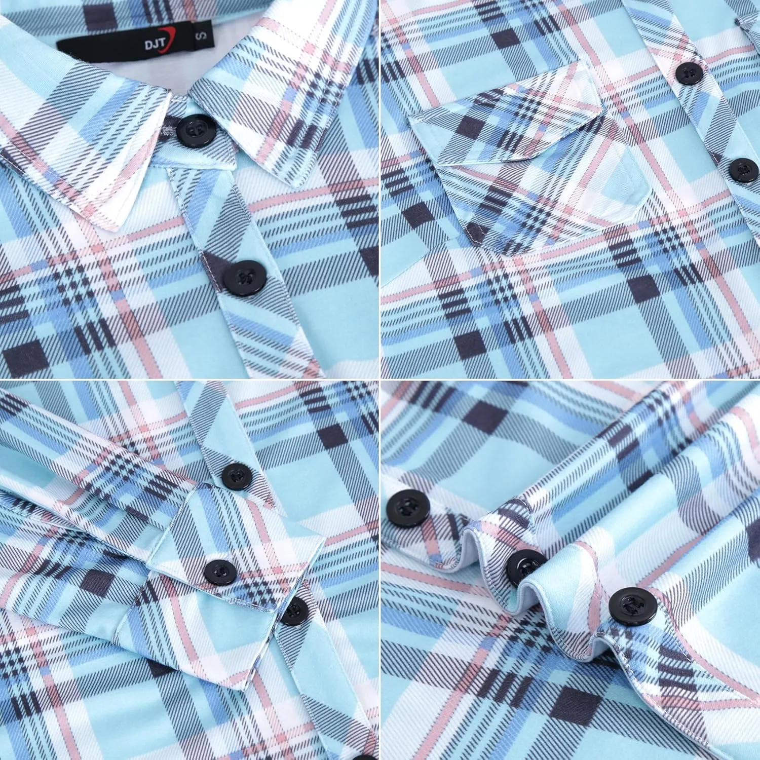 DJT Womens Soft Stretchy Knit Plaid Shirts Roll Up Long Sleeve Collared Button Down Blouses Tops