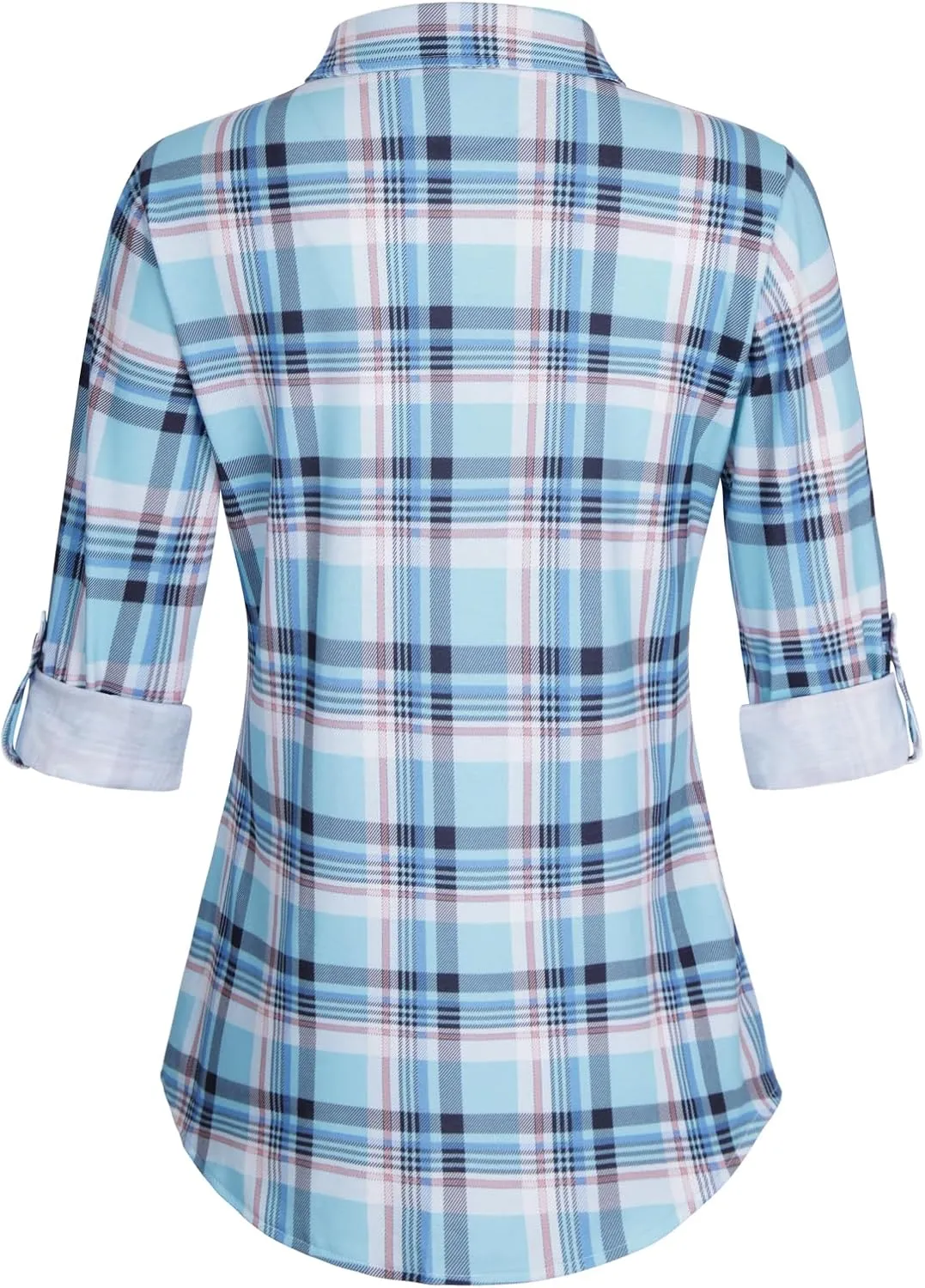 DJT Womens Soft Stretchy Knit Plaid Shirts Roll Up Long Sleeve Collared Button Down Blouses Tops