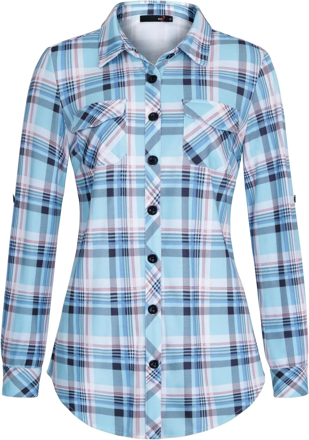 DJT Womens Soft Stretchy Knit Plaid Shirts Roll Up Long Sleeve Collared Button Down Blouses Tops