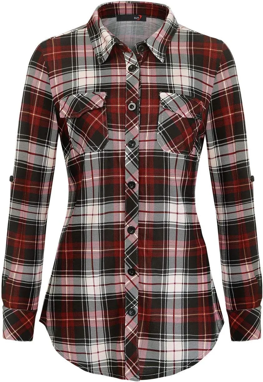 DJT Womens Soft Stretchy Knit Plaid Shirts Roll Up Long Sleeve Collared Button Down Blouses Tops
