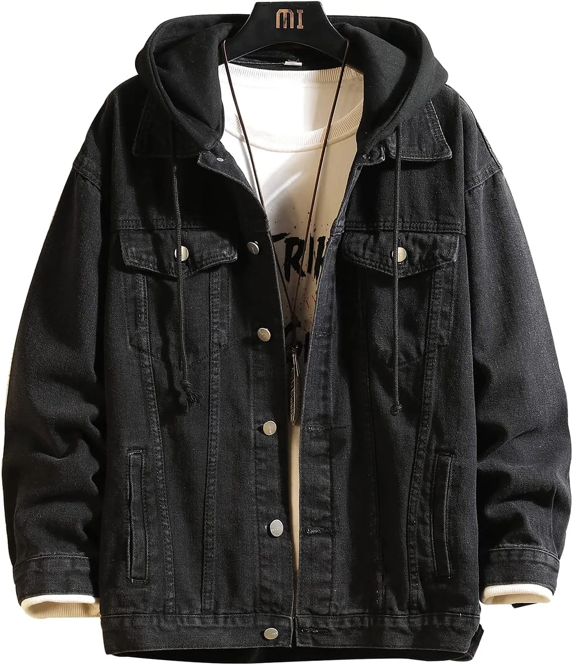 DOSLAVIDA Men's Distressed Denim Jacket Unisex Button Down Jean Coat Casual Long Sleeve Trucker Hooded Jackets Outwear