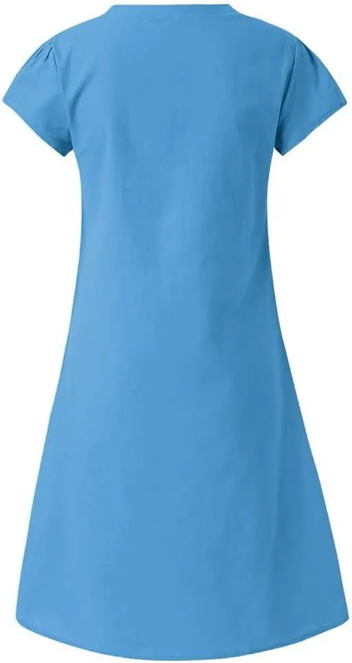 Dresses for Women 2024 Casual Summer Plus Size Short Sleeve V Neck Cotton Linen Dress Boho Beach Loose Midi Dress