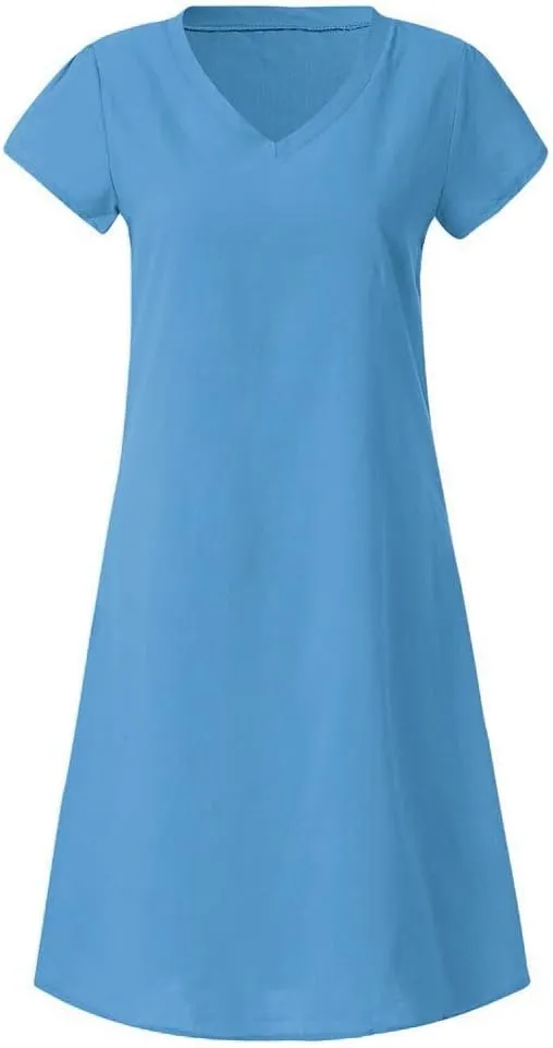 Dresses for Women 2024 Casual Summer Plus Size Short Sleeve V Neck Cotton Linen Dress Boho Beach Loose Midi Dress