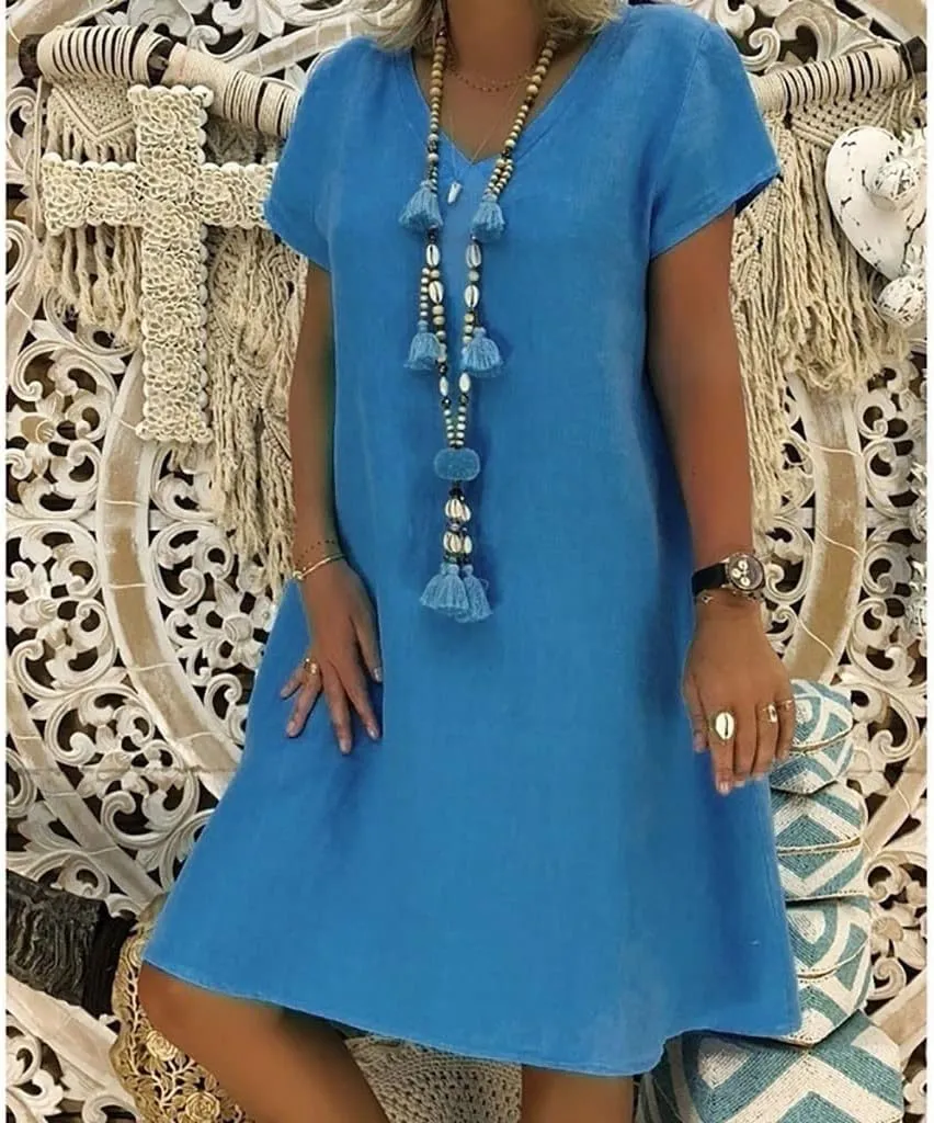 Dresses for Women 2024 Casual Summer Plus Size Short Sleeve V Neck Cotton Linen Dress Boho Beach Loose Midi Dress