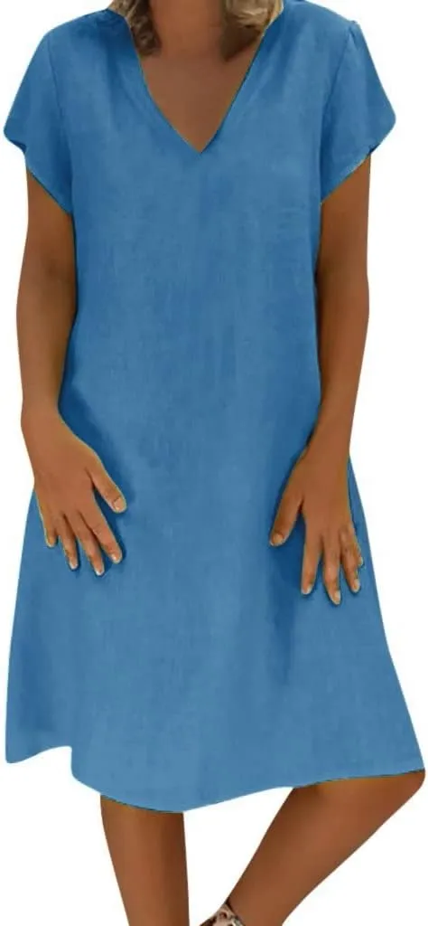 Dresses for Women 2024 Casual Summer Plus Size Short Sleeve V Neck Cotton Linen Dress Boho Beach Loose Midi Dress