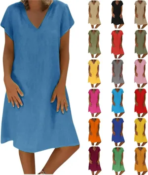 Dresses for Women 2024 Casual Summer Plus Size Short Sleeve V Neck Cotton Linen Dress Boho Beach Loose Midi Dress