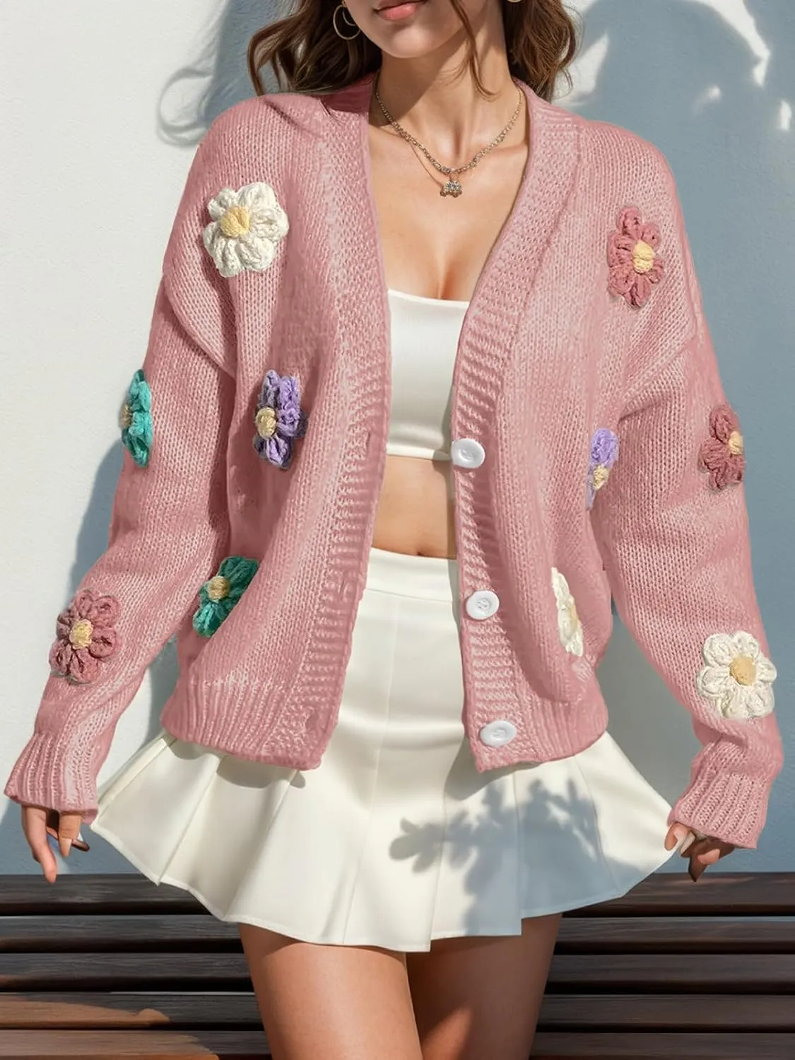 ebossy Women's Ribbed Knit Cardigans Embroidery Aesthetic Pretty Flowers Applique Button Up Sweater Coat