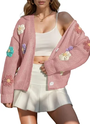 ebossy Women's Ribbed Knit Cardigans Embroidery Aesthetic Pretty Flowers Applique Button Up Sweater Coat