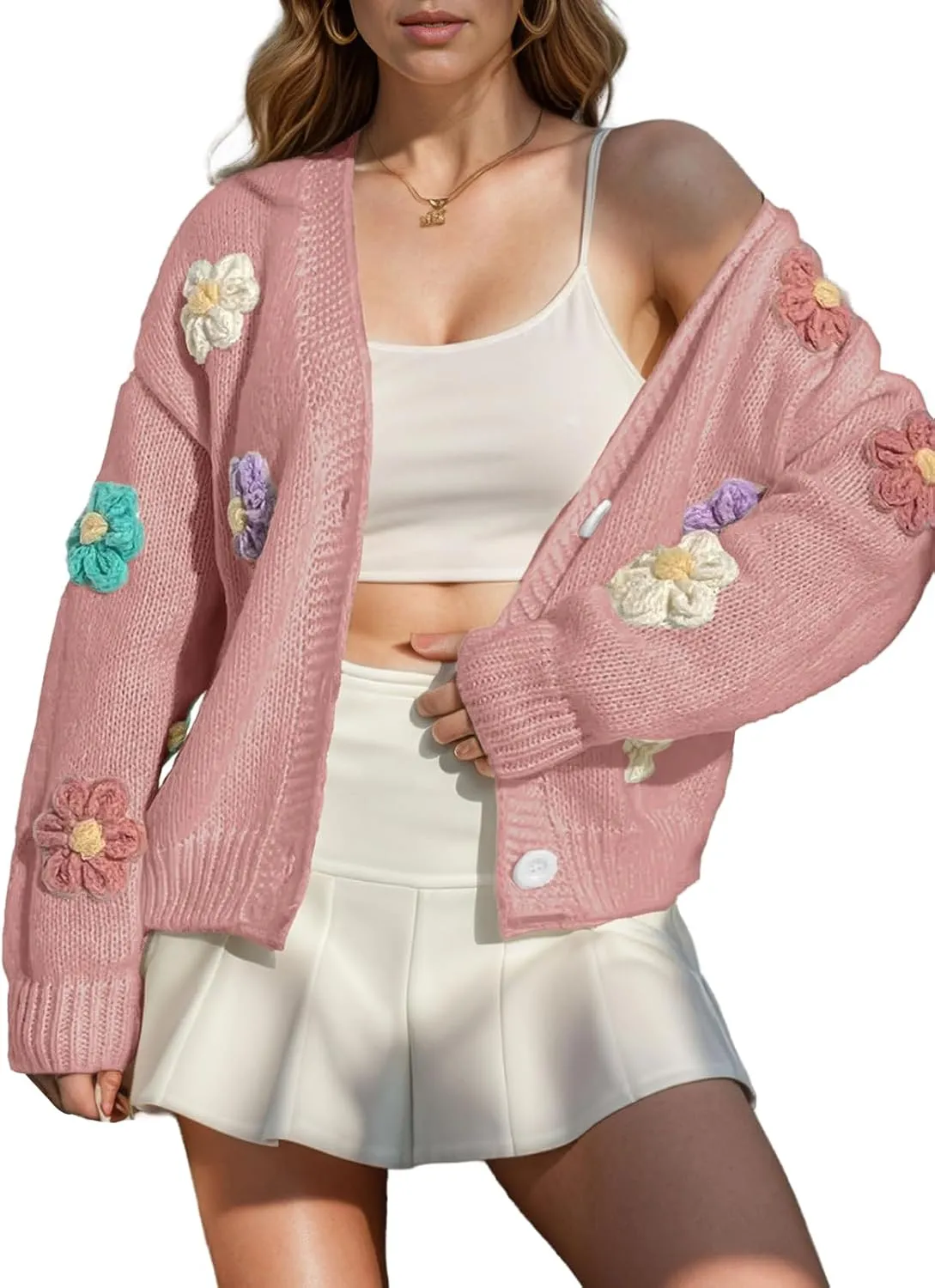 ebossy Women's Ribbed Knit Cardigans Embroidery Aesthetic Pretty Flowers Applique Button Up Sweater Coat