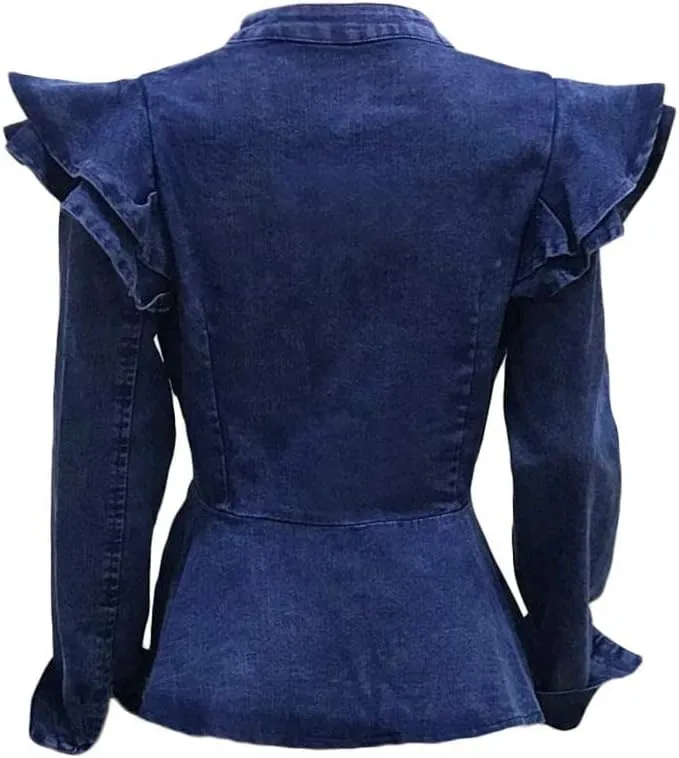 ECHOINE Women Casual Denim Jacket - Long Sleeve Zip Ruffle Shoulder Jean Jackets Peplum Coat Plus Size