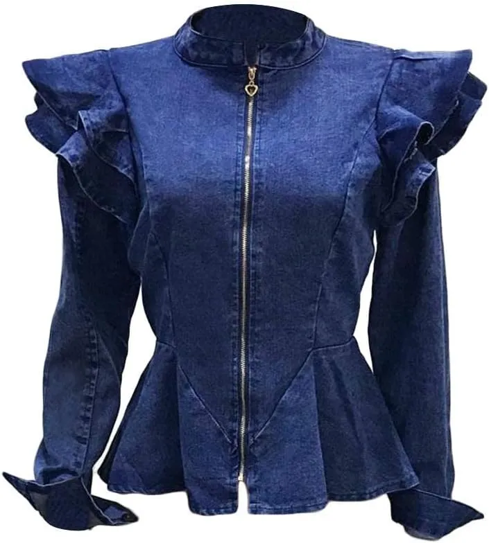 ECHOINE Women Casual Denim Jacket - Long Sleeve Zip Ruffle Shoulder Jean Jackets Peplum Coat Plus Size