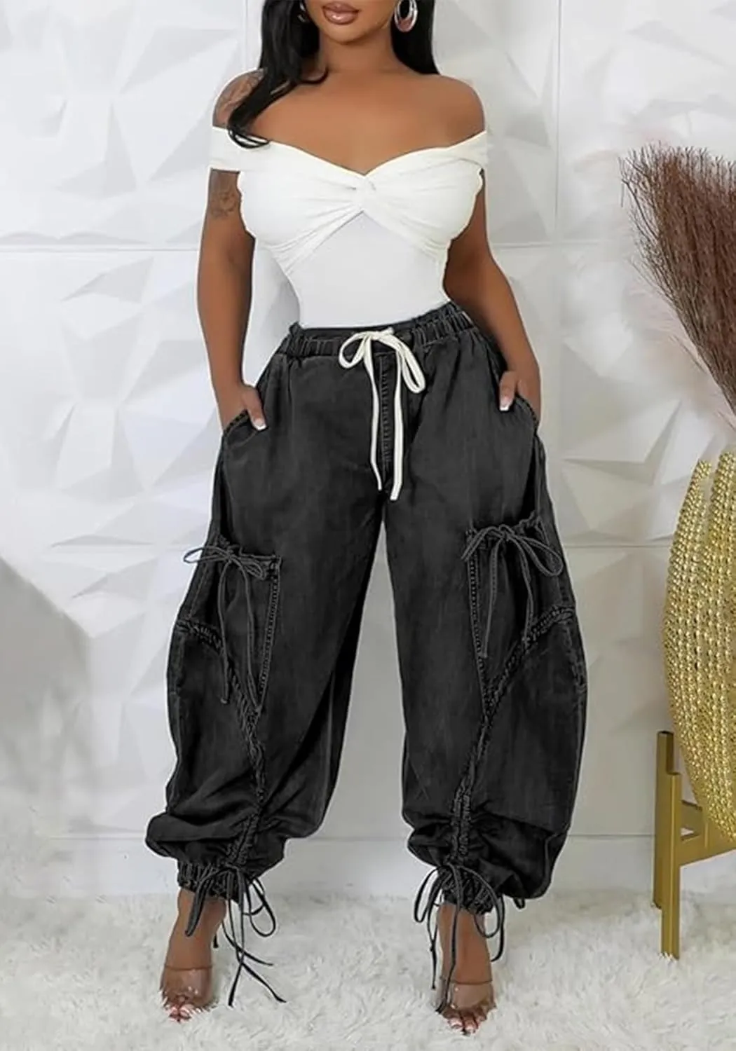 Ecirod Womens Denim Harem Pants Casual Drawstring Elastic Waist Wide Leg Baggy Jeans Bow Tie Comfy Pants with Pockets