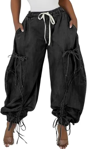 Ecirod Womens Denim Harem Pants Casual Drawstring Elastic Waist Wide Leg Baggy Jeans Bow Tie Comfy Pants with Pockets