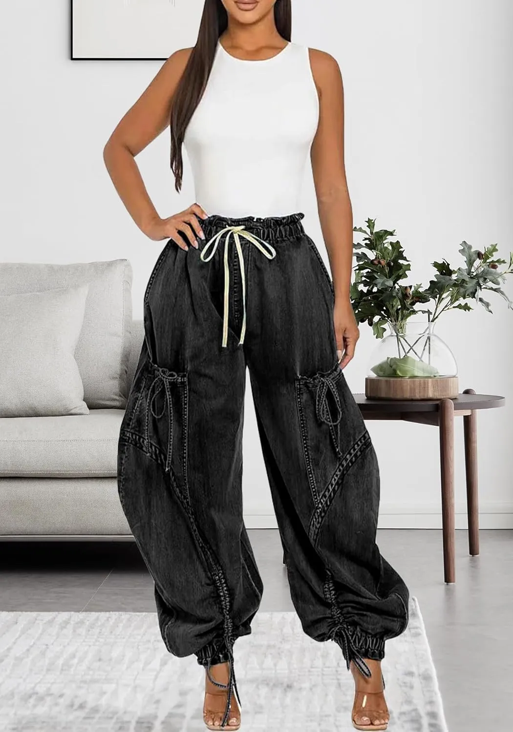 Ecirod Womens Denim Harem Pants Casual Drawstring Elastic Waist Wide Leg Baggy Jeans Bow Tie Comfy Pants with Pockets