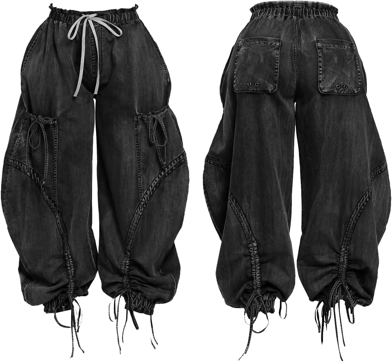 Ecirod Womens Denim Harem Pants Casual Drawstring Elastic Waist Wide Leg Baggy Jeans Bow Tie Comfy Pants with Pockets