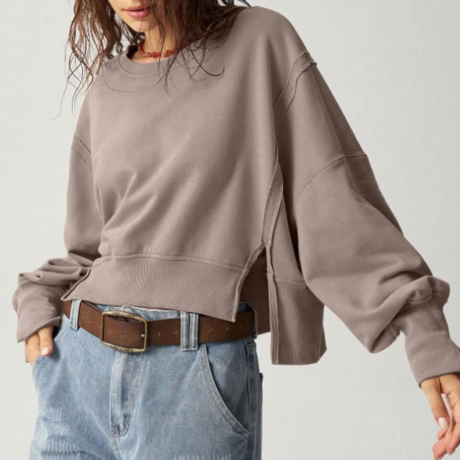 EGUGYDW Womens Crewneck Sweatshirts Cropped Long Sleeve Side Slit Loose Fit Teen Girls 2024 Fall Crop Pullover Tops