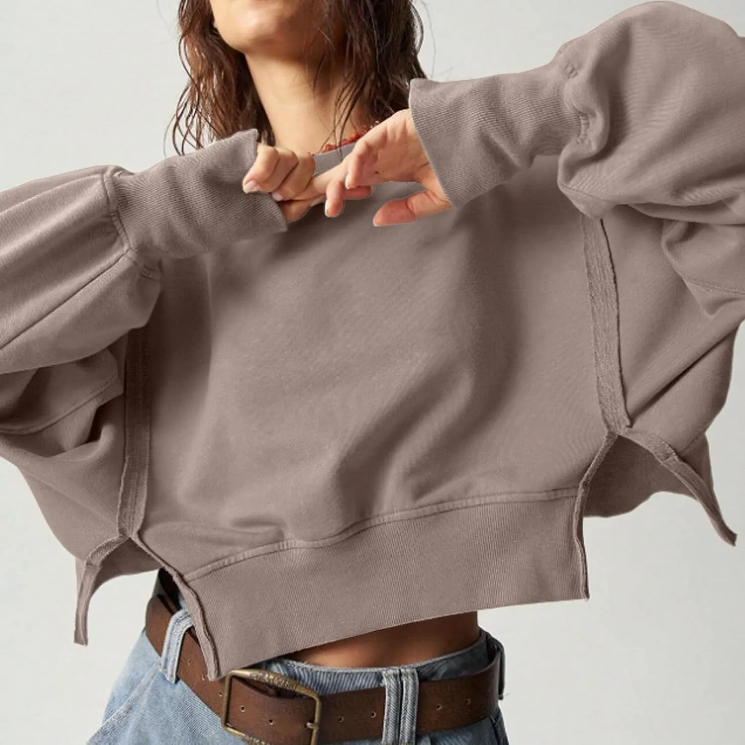 EGUGYDW Womens Crewneck Sweatshirts Cropped Long Sleeve Side Slit Loose Fit Teen Girls 2024 Fall Crop Pullover Tops