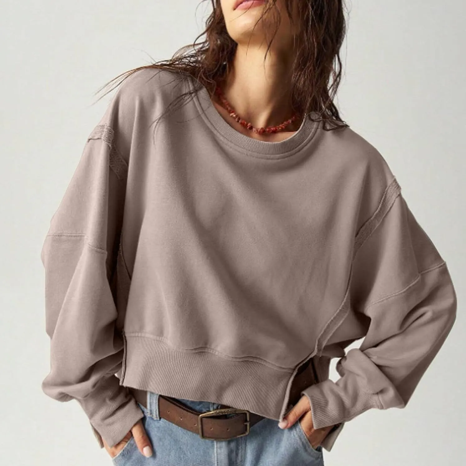 EGUGYDW Womens Crewneck Sweatshirts Cropped Long Sleeve Side Slit Loose Fit Teen Girls 2024 Fall Crop Pullover Tops