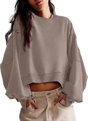 EGUGYDW Womens Crewneck Sweatshirts Cropped Long Sleeve Side Slit Loose Fit Teen Girls 2024 Fall Crop Pullover Tops