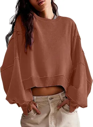 EGUGYDW Womens Crewneck Sweatshirts Cropped Long Sleeve Side Slit Loose Fit Teen Girls 2024 Fall Crop Pullover Tops
